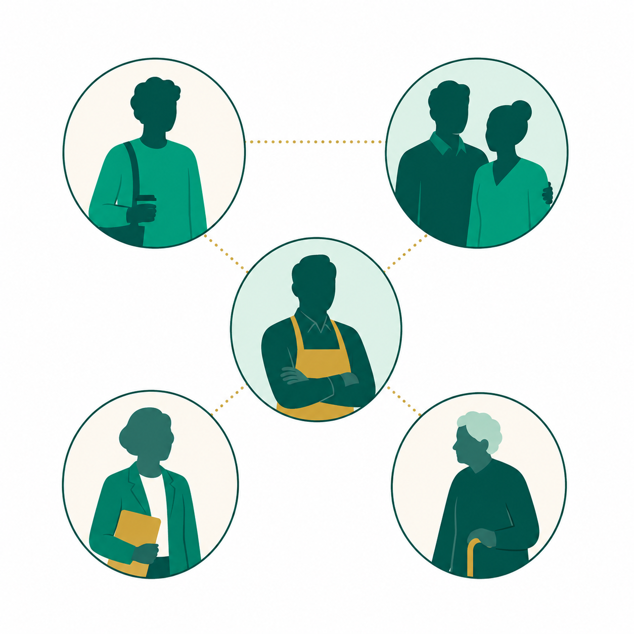 Five people at different financial life stages: a young professional, a couple, a business owner, a pre-retirement professional and a senior citizen.
